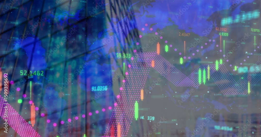 Poster multiple changing numbers and financial data processing against tall building