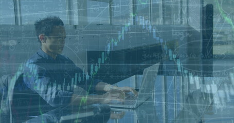 Image of financial data processing over asian male engineer using laptop at office