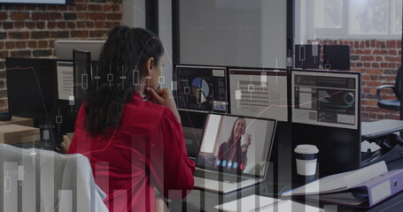 Image of financial data processing over businesswoman using tablet