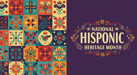 National Hispanic Heritage Month Celebration Banner with Vibrant Folk Art Tile Pattern Background