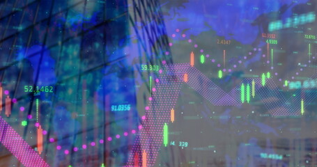 Multiple changing numbers and financial data processing against tall building