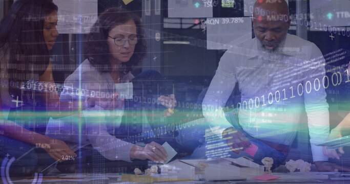 Image of lights and data processing over diverse female and male coworkers in office