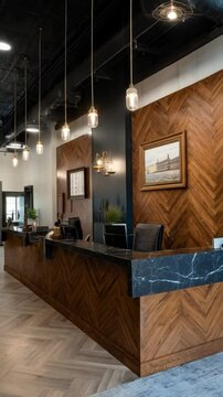 Elegant hotel reception area featuring a wood chevron pattern, marbled countertop, and modern pendant lighting over the check-in counter.