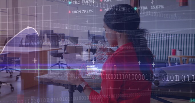 Image of binary coding and data processing over businesswoman in office