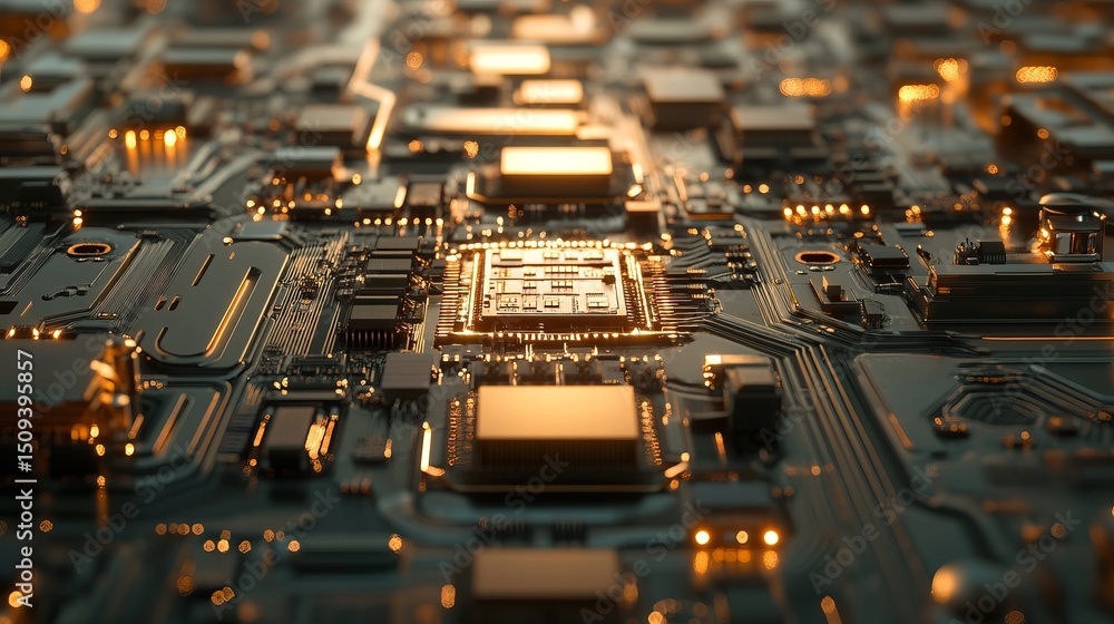 Poster abstract technology background golden circuit board digital design modern electronic hardware innova