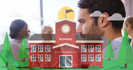 Image of school building over happy caucasian man working in office