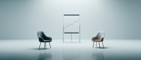 Two stylish chairs face a flip chart with a rising line graph in a spacious minimal office