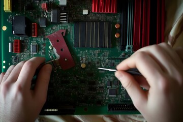 Detailed overhead view of skilled hands meticulously repairing a complex green circuit board with a precision screwdriver, highlighting modern electronics and technology