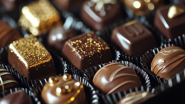 Gourmet chocolate assortment box, close-up view, dark rich tones, golden highlights
