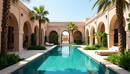 getaway destination of luxury resort hotel or palace garden landscaping design with arcade arcs and pool water feature for Arabia classic exotic tourism architecture design, created with generative ai