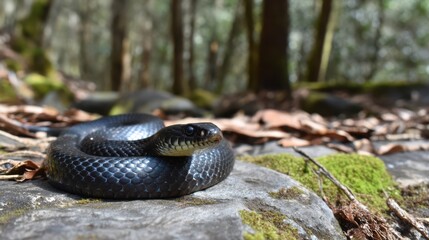 Obraz premium A black snake is coiled on a moss-covered rock in a serene forest. Surrounding greenery and fallen leaves create a peaceful setting that showcases the animal's sleek form