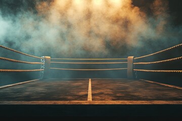 Empty boxing ring in smoky arena