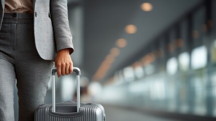 A traveler in a gray suit pulls a suitcase down an airport terminal. The blurred background suggests motion and a busy travel environment filled with soft, ambient lighting