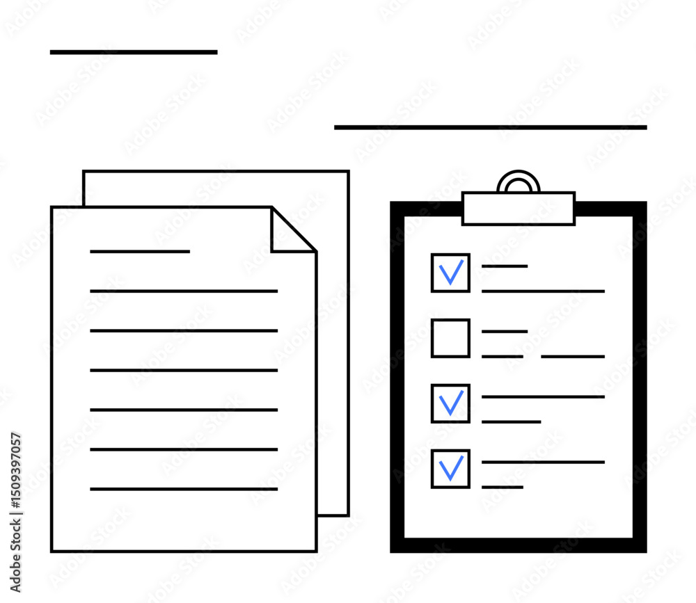 Poster papers with text alongside a clipboard containing a checklist with marked and unmarked boxes. ideal 