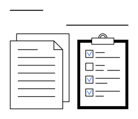 Papers with text alongside a clipboard containing a checklist with marked and unmarked boxes. Ideal for productivity, planning, organization, workflow, business, tasks, simple landing page