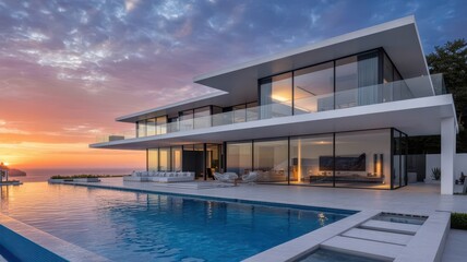 Obraz premium Luxury Modern Villa with Infinity Pool and Ocean View at Sunset