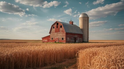Rustic Red Barn in Golden Wheat Field Under a Dramatic Sky