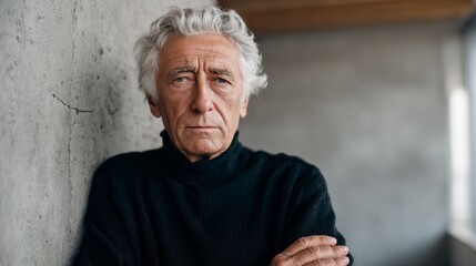 An elderly man dressed in dark attire leans against a textured wall. His serious expression indicates deep thought, reflecting a lifetime of experiences and wisdom in a serene indoor setting