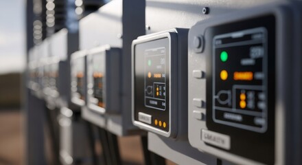 Panel with electrical meters and glowing indicators. Electric power distribution and control unit. System for monitoring energy in city.