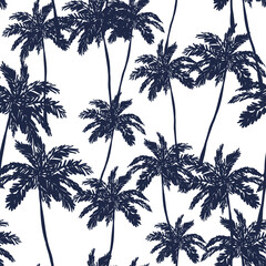 Tropical palm trees on the white background. Vector seamless pattern. Black and white graphic illustration. Paradise nature. Summer design