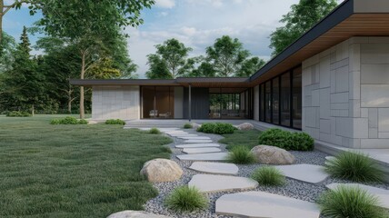 Obraz premium Modern Ranch House Design Stone Pathway and Landscaping