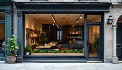 Realistic storefront mockup, local shop store glass window, small business commercial branding showcase, created with generative ai