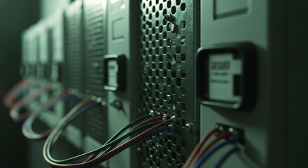 Close up of server rack with colorful wires connected. Data center electrical network for modern technology and internet connection.