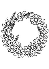 Black and white floral and plant wreath vector illustration, perfect for engraving, laser cutting, prints, logos, book illustrations, and creative projects