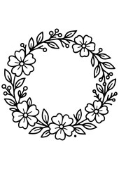 Black and white floral and plant wreath vector illustration, perfect for engraving, laser cutting, prints, logos, book illustrations, and creative projects