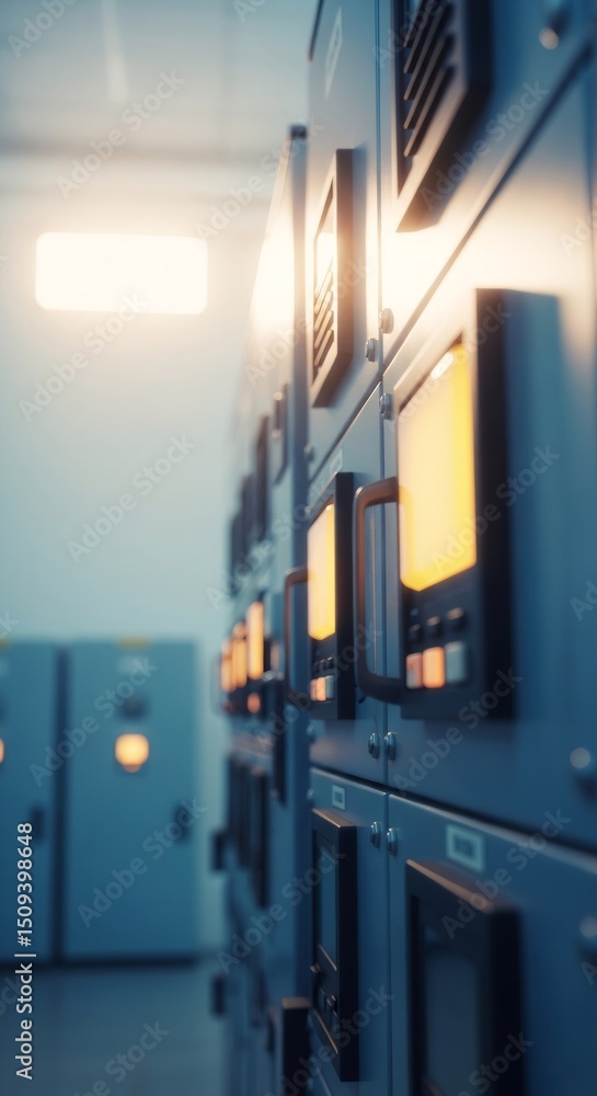 Poster electrical control panel with glowing lights. industrial switchboard for power distribution network.