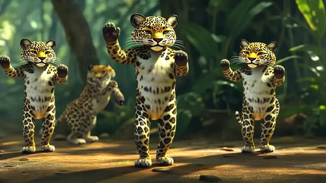 Animated leopards dancing in a jungle environment
