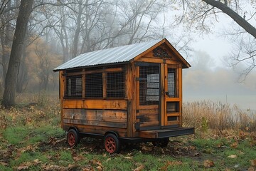 Scenic farm landscape with mobile chicken coop high resolution picture