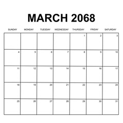 march 2068. monthly calendar design. week starts on sunday. printable, editable, simple, and clean vector design isolated on white background.