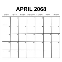 april 2068. monthly calendar design. week starts on sunday. printable, editable, simple, and clean vector design isolated on white background.