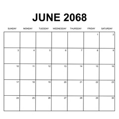 june 2068. monthly calendar design. week starts on sunday. printable, editable, simple, and clean vector design isolated on white background.