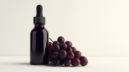 Obraz premium A bottle of grapeseed hair oil is displayed with fresh grapeseed fruit, conveying natural nourishment, purity, and lightweight beauty care benefits on white background 