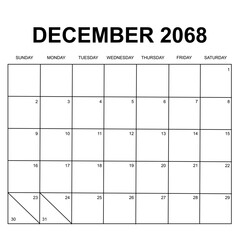 December 2068. monthly calendar design. week starts on sunday. printable, editable, simple, and clean vector design isolated on white background.