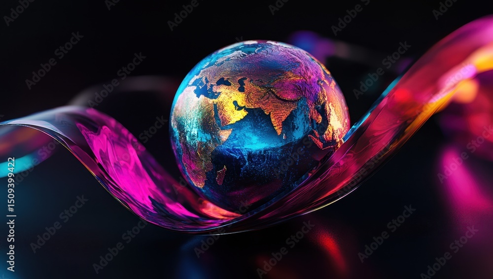 Poster 3d render of a colorful globe inside an abstract black background with a curved ribbon with a metall