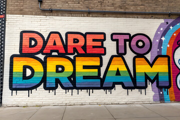 Graffiti Art Style: Vibrant "Dare to Dream" Typography on White Brick Wall


