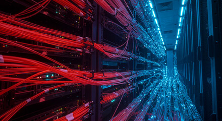 A server room with red and blue cables connected to the server racks in a dark and cool environment