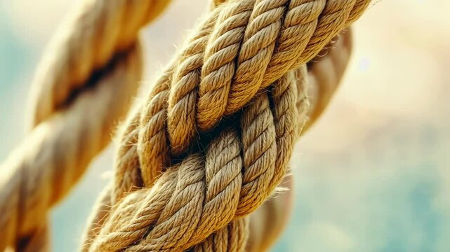 Rope Close-up: A detailed shot highlighting the strength and texture of a natural rope, emphasizing its intricate structure against a blurred backdrop, symbolizing connection and security.
