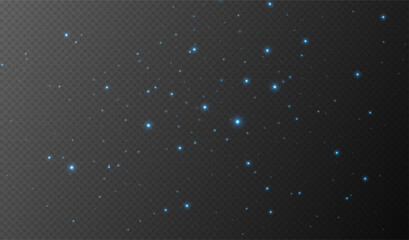 Blue sparkling stars, shiny particles light effect, transparent flying stardust texture, abstract twinkle Christmas decoration. Vector illustration.