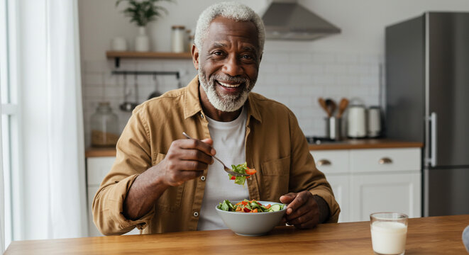 A smiling senior african american man eating a salad in a bright kitchen with a glass of milk on the table