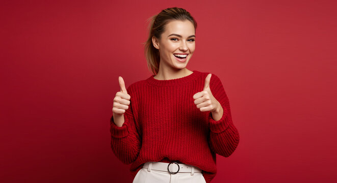 A smiling woman in a red sweater gives two thumbs up against a solid red background in a studio shot
