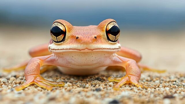 Captivating Frog on Sandy Terrain: A close-up view of an alluring frog resting peacefully on sandy terrain, showcasing intricate details and vibrant natural hues.