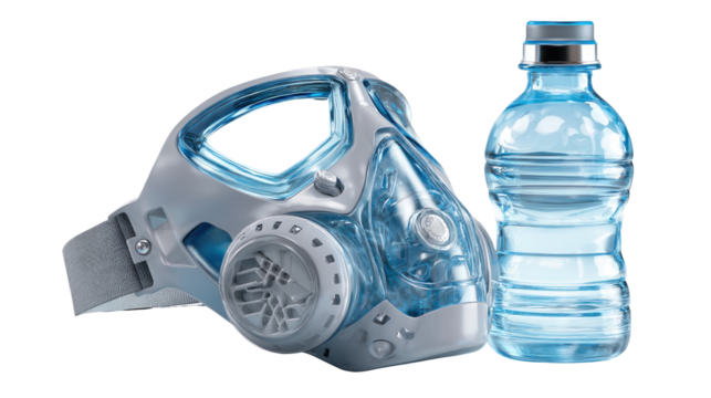 Futuristic oxygen mask with transparent visor and filter resting beside a plastic water bottle on a transparent background, creating a concept image related to survival, clean air and hydration