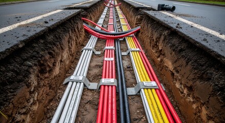 Underground electric cable installation with colorful wire for city electrical network and infrastructure. Electrical cable in trench on ground with road.