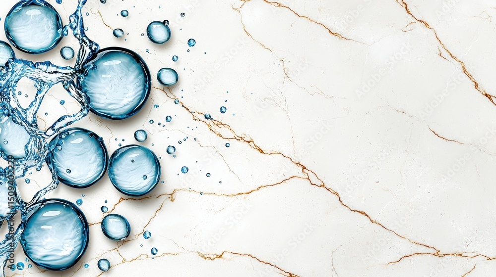 Poster close up view of translucent blue water droplets on a marble background. the droplets vary in size a