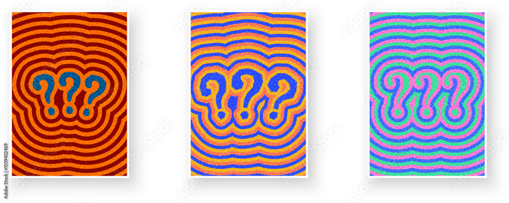 Poster trio of stylized question mark icons in vivid retro ripple designs with bold color combinations. vec