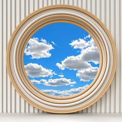 Round wooden frame showcases a vibrant blue sky with fluffy white clouds, set against a textured white wall. The image evokes a sense of serenity and
